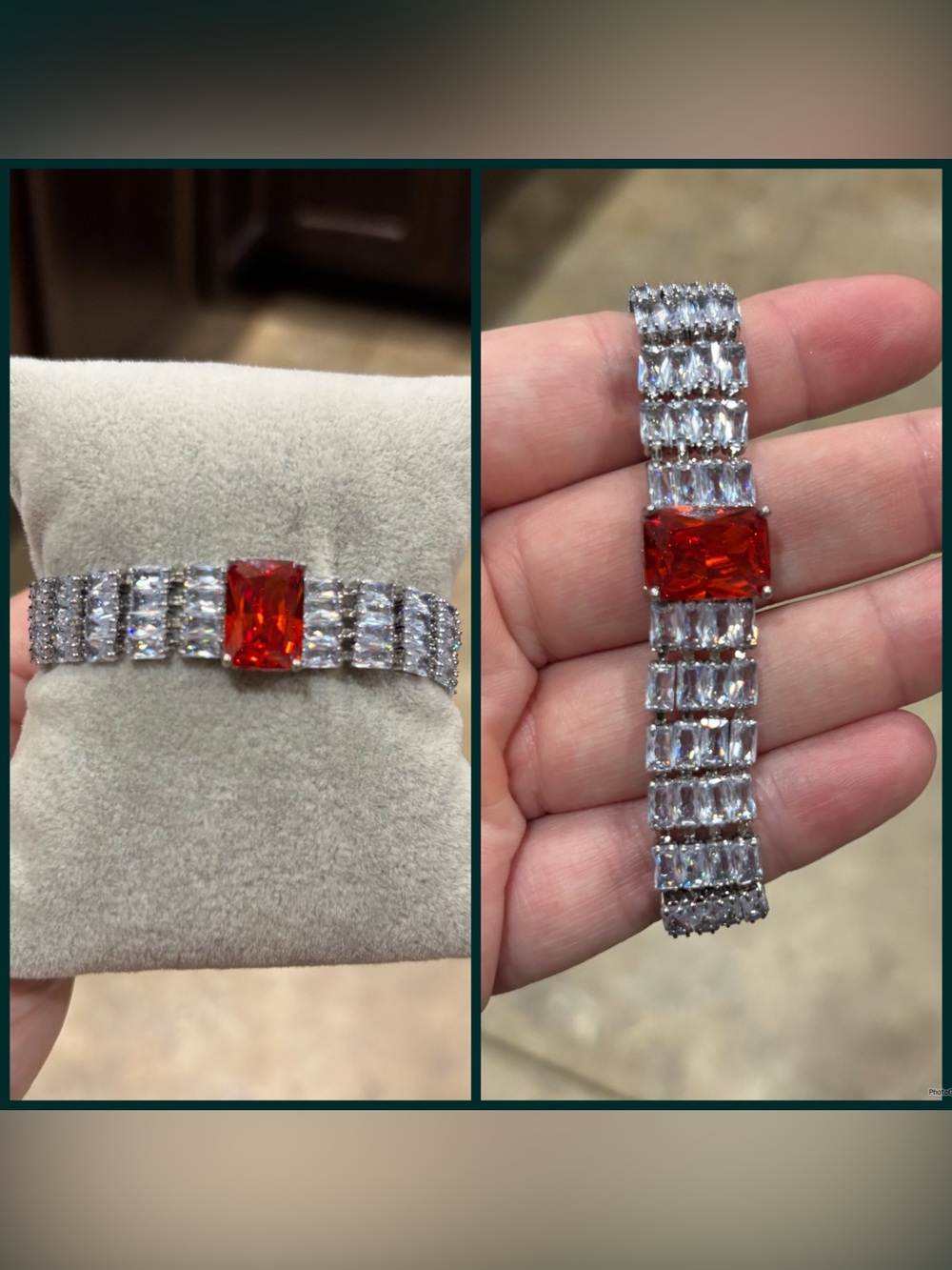 Silver Bracelet with Bright Red Center Stone